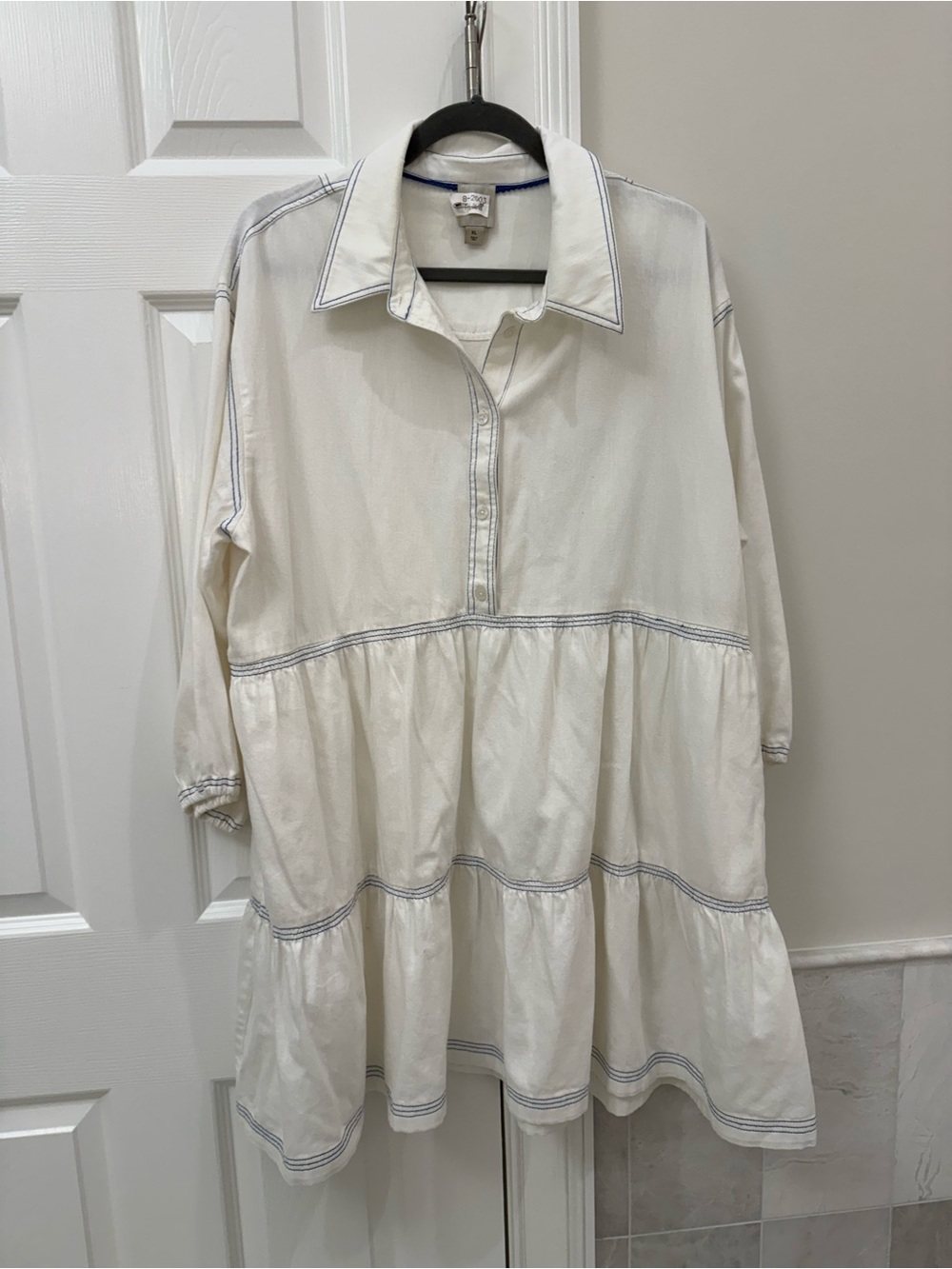 Maeve Cream Tiered Popover Dress with Contrast Stitching